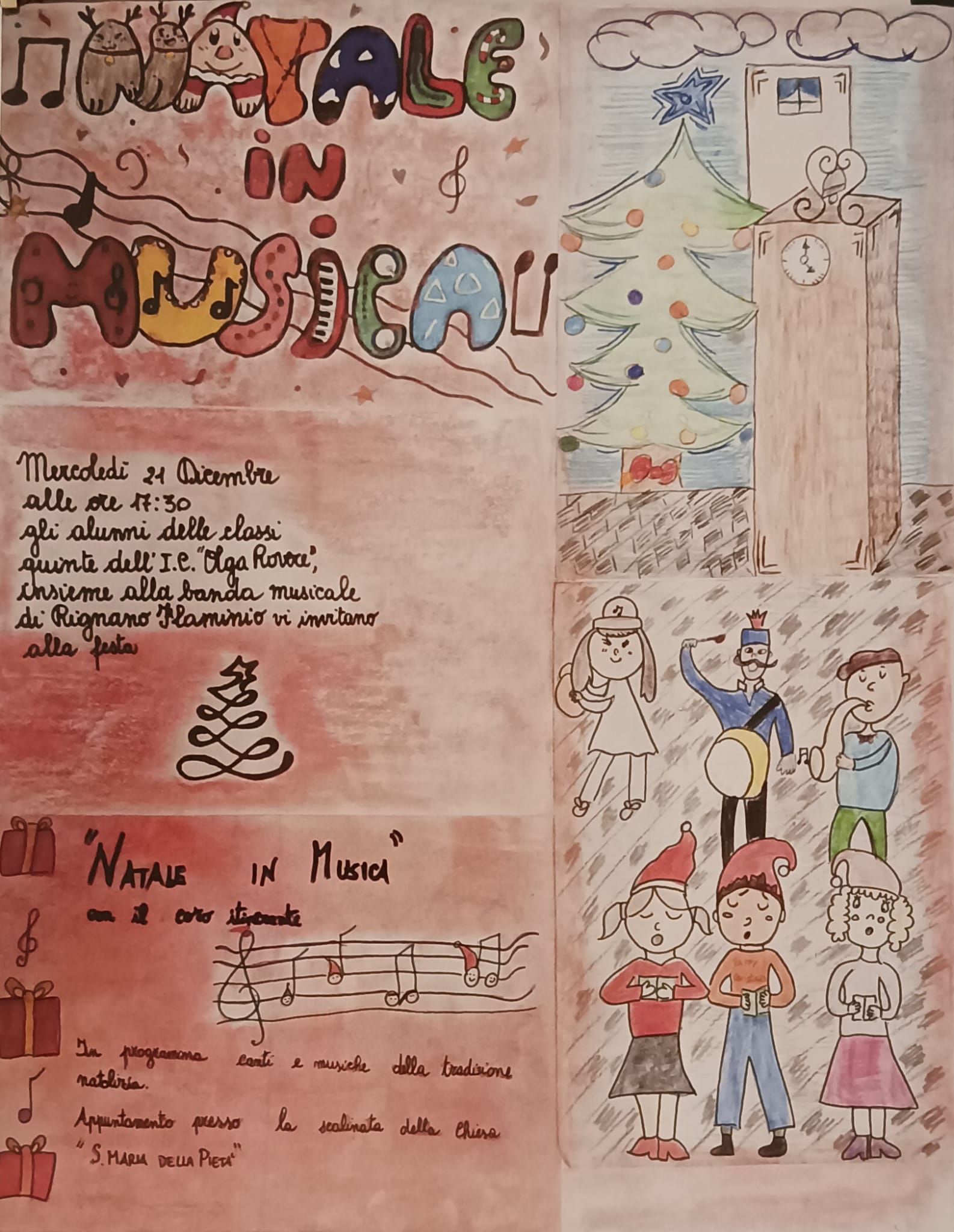 Locandina del Natale in musica, con gli/le alunni/e delle classi quinte della scuola primaria che canteranno per le vie del paese accompagnati dalla banda di Rignano Flaminio.