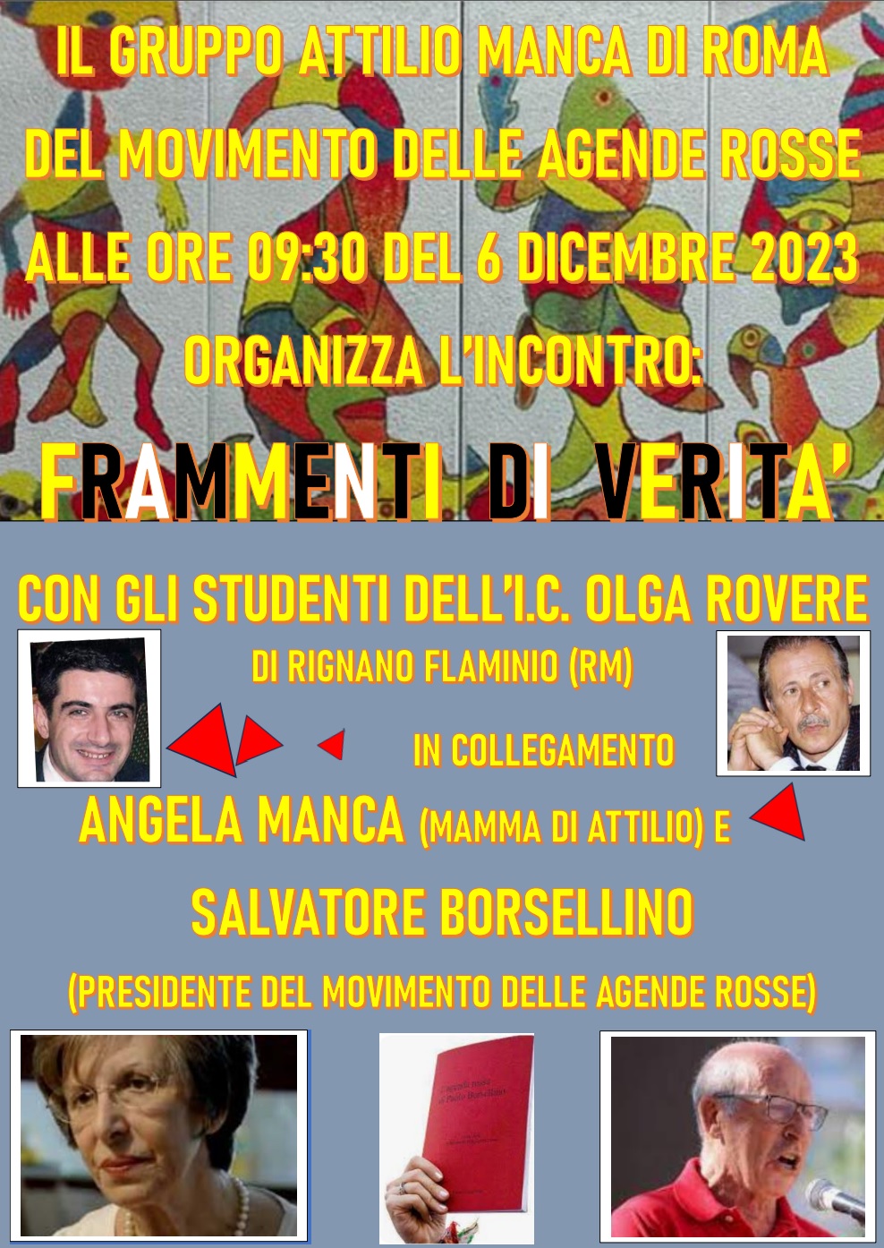 Locandina dell'incontro con Angela Manca e Salvatore Borsellino, del Movimento delle Agende Rosse.